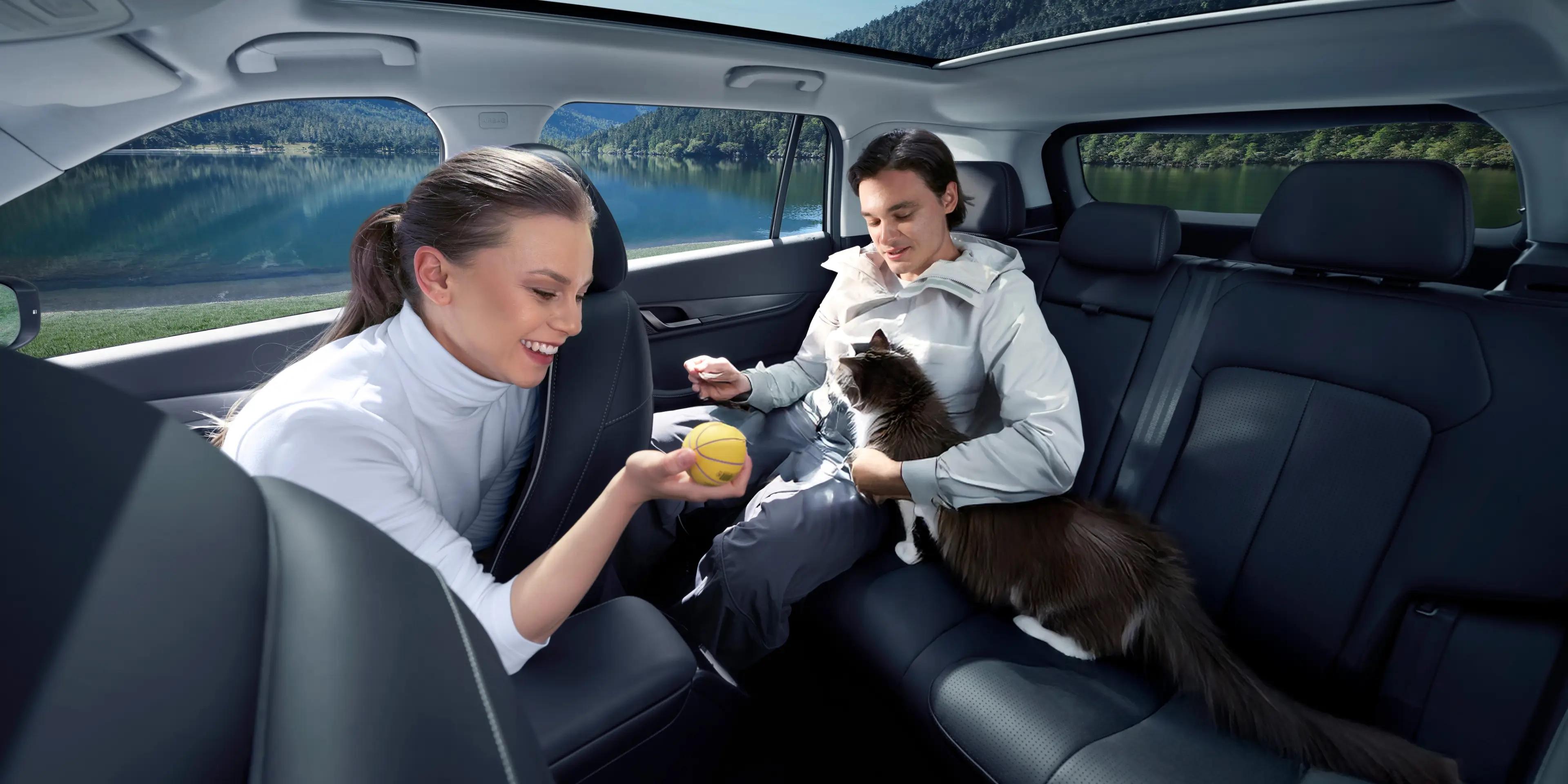 Passengers and a cat in the Jaecoo J5 rear seats