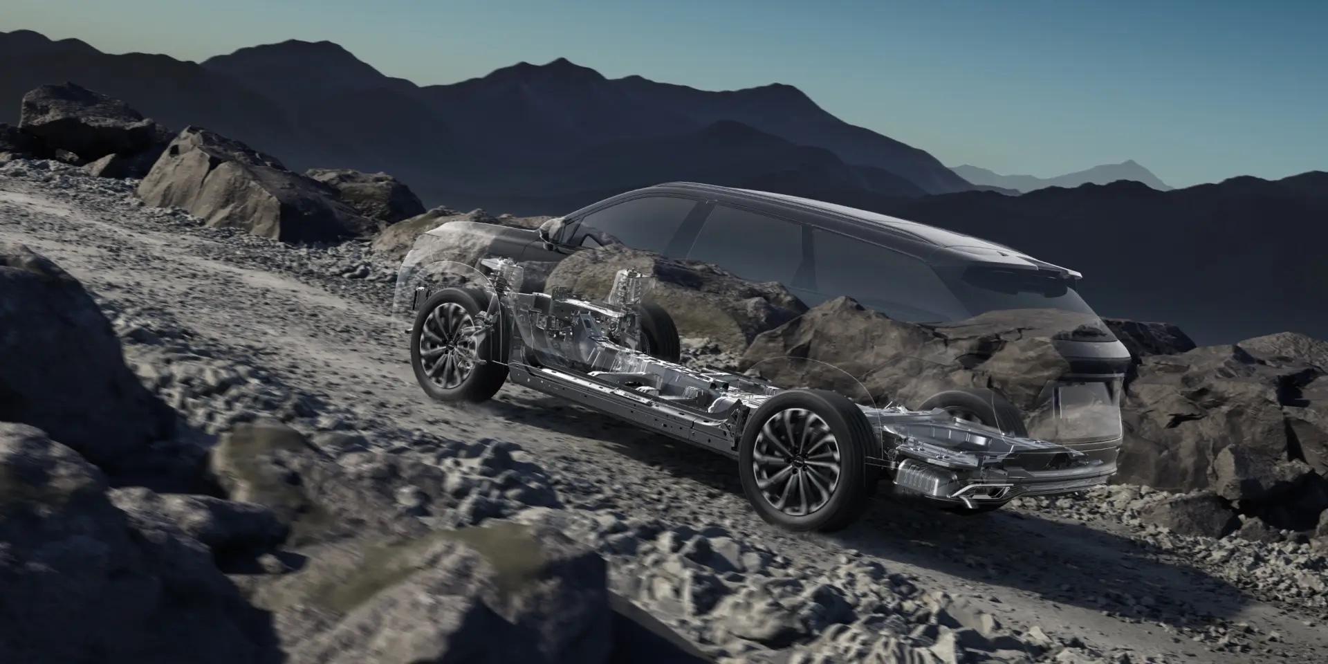Jaecoo J8 chassis cutaway on rocks