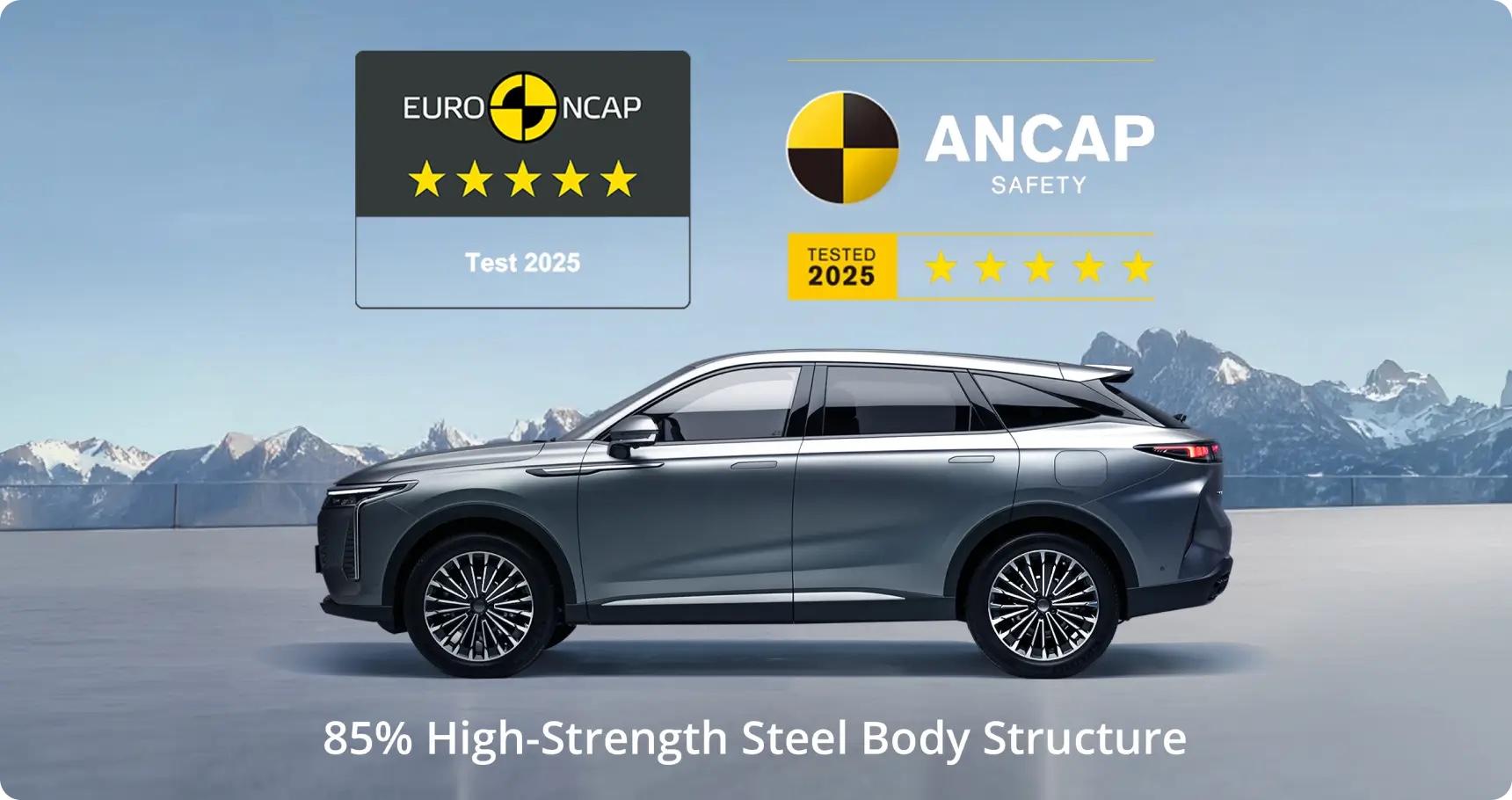 Omoda C9 PHEV with Euro NCAP and ANCAP five-star badges